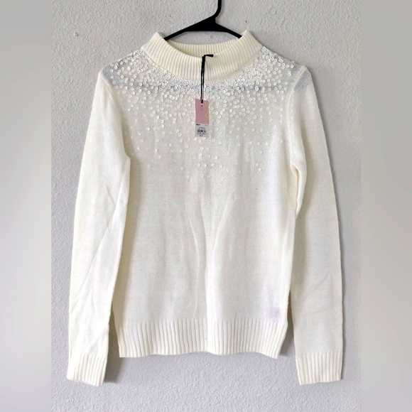 $54 Juicy Couture Turtle Neck Sweater Womens  Sz S Ivory Sequins Pull Over - Picture 1 of 14